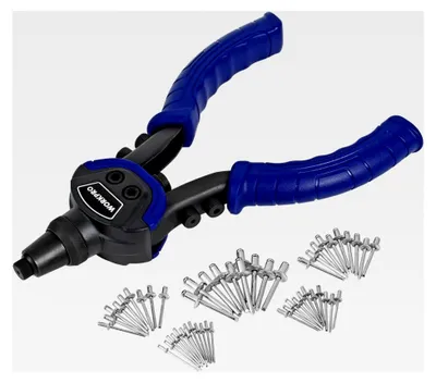Produktbild von 5-in-1 Nietzange Set mit 5 auswechselbaren Mundstücken und 100 Nieten, geeignet für Stahl, Edelstahl und Aluminium