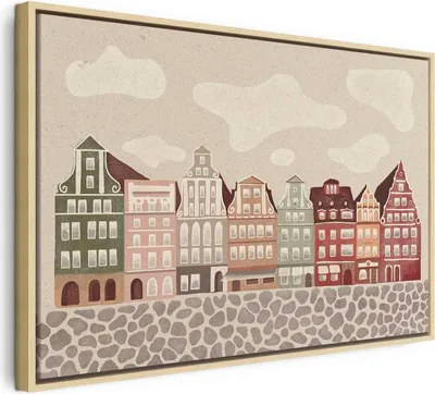 Produktbild von Italienischer Leinwand Leinwandbild - Salt Square - Colorful Illustrated Townhouses Against a Cloudy Sky Background 120x80 cm Für Kinder d-A-10016-b-a