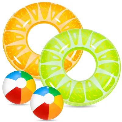 Imagen del producto de Juego de 4 flotadores inflables con forma de frutas y pelotas de playa
