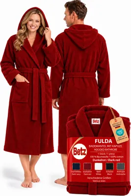 Produktbild von Betz Bademantel mit Kapuze FULDA Größe L/XL Farbe dunkelrot Baumwolle für Herren und Damen Saunabademantel langer Bademantel Saunamantel