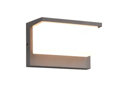 A modern, rectangular outdoor wall light with a gray frame and a white illuminated panel.