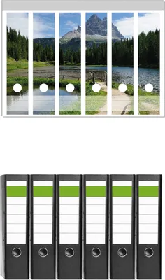 Produktbild von Wallario 6 Stück breite Ordner inkl. Klebeetiketten mit Motive See in Berglandschaft -  Set mit Rückenschildern / Ordnerrücken Stickern