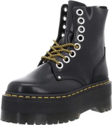 A black leather boot with a thick platform sole and yellow stitching.