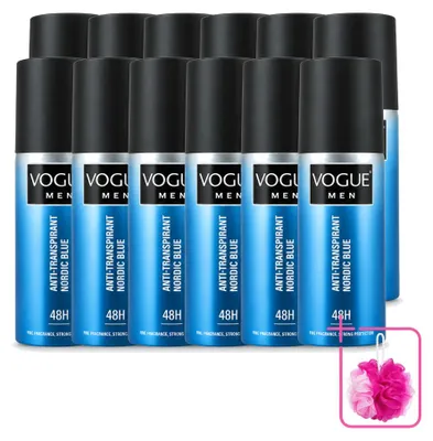 Immagine prodotto di 12 confezioni di deodorante spray antitraspirante Vogue Men Nordic Blue, 150 ml - Confezione risparmio - 12 pezzi