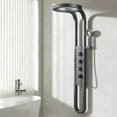 Produktbild von Wandmontiertes Duschpaneel - Duschsystem - LED-Digitalanzeige - Wasserfall - Zweigriff Warm/Kalt - Aluminiumlegierung - Messingventil - Grau