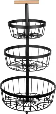 A three-tiered black wire fruit basket with a wooden handle on top, isolated on a white background.