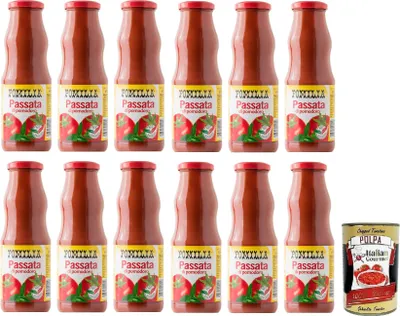 Produktbild von 12x Pomilia Passata di Pomodoro,Tomatenpüree,100% italienische Tomaten,690g Glas + Italian Gourmet Polpa di Pomodoro 400g Dose