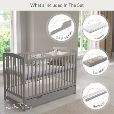 Produktbild von Love For Sleep Grau Babybett Gitterbett mit Schublade 120 x 60cm + Schaumstoffmatratze + Sicherheitsgitter aus Holz + Schutzhülle