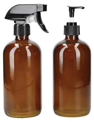 Produktbild von Living Nostalgia Set bernsteinfarbene gläserne Pump & Sprühflache, 2 wiederauffüllbare Flaschen mit Etiketten für Reinigungsflüssigkeiten