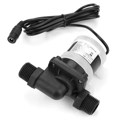 A black and white water pump with a power cord and connector.
