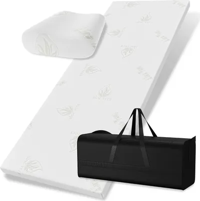 A travel set for sleeping, including a mattress topper, pillow, and a carrying bag.