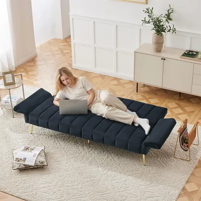 Image de OKWISH Canapé-Lit Pliant 2 Places avec Pieds de Soutien - Canapé Convertible en Velours Noir avec Port USB et Support Téléphone
