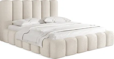 Produktbild von Polsterbett 140x200 mit Bettkasten und Lattenrost – Weiß Bett mit hohem Kopfteil, Boucle oder Samt Stoff - Modernes Doppelbett mit Stauraum – Bettgestell, ohne Matratze – Serenity - Weiß