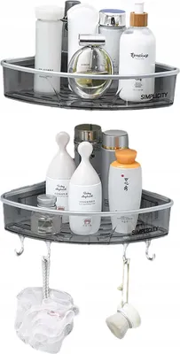 Two corner shower shelves filled with various toiletries and bath accessories.