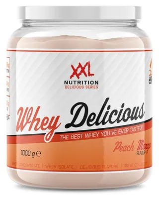 Produktbild von XXL Nutrition - Whey Delicious Protein Pulver - Leckerste Shake - Eiweiss Pulver, Whey Protein Isolat & Konzentrat - Hohe Qualität - 78,5% Proteingehalt - Pfirsich Mango - 1000 Gramm