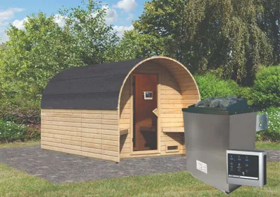 Productafbeelding van Karibu Saunahuis, buitensauna, sauna-vat, houten constructie, 3 onbehandeld, oven 9 kW, externe bediening, eenvoudig, 38 mm massief hout, 224x364x230 cm