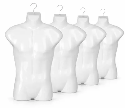 Zdjęcie produktu dla 4 sztuki męskiego torsu, biały, 78 cm – męski tors z tworzywa sztucznego, półfigurka – manekin, popiersie, półpancerz, męska figurka do witryny sklepowej z haczykiem, tors dekoracyjny