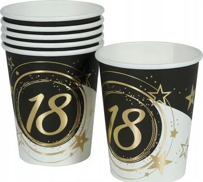 Obrázok produktu pre Papierový pohár 18th BIRTHDAY Eighteenth Golden Black Party 240ml 6 ks.