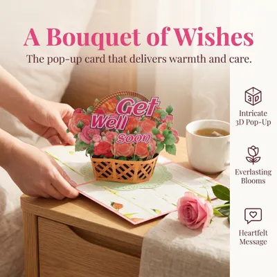 Imagen del producto de Tarjeta emergente con diseño de cesta de flores en 3D, tipo tarjeta desplegable, ideal para expresar deseos de pronta recuperación