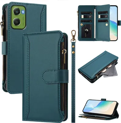 Image de Etui pour Motorola Moto G06, zippé, portefeuille Etui à rabat en cuirPolyuréthaneavec pochettes pour cartes, support et dragonne vert