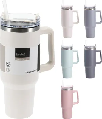 A collage of different colored travel mugs with straws and handles.