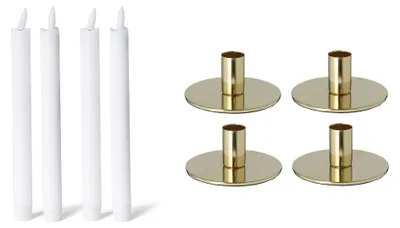 Produktbild von Novaliv 4er-Set Stabkerzenhalter Metall GOLD 10x5cm mit Premium LED Stabkerze Echtwachskerze Tafelkerze flammenlos batteriebetrieben Home Deko weihnachtliche Tischdeko Kerzenständer Kerzenpin