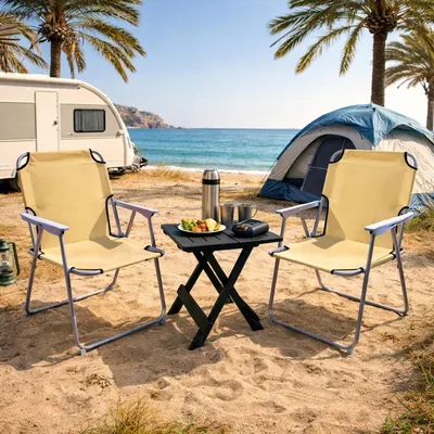 3tlg Camping Möbel Outdoormöbel Klapptisch Campingstuhl Klappstuhl beige