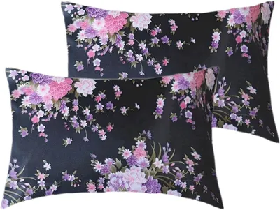 Imagen del producto de Fundas de almohada de satén para el cabello y la piel, set de 2 fundas con estampado floral, fundas de almohada de tacto sedoso, más suaves que la seda
