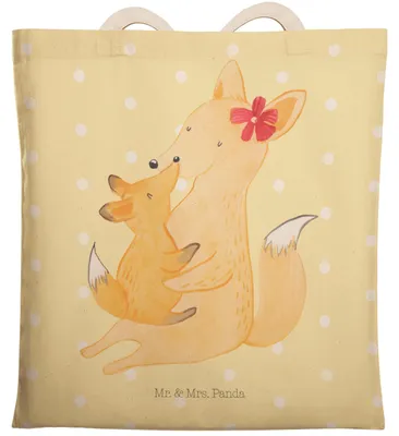 Produktbild von Mr. & Mrs. Panda Tote Bag Fuchs Mama - Gelb Pastell - Geschenk, Stofftragetasche, Muttertag, Tochter, Stoffbeutel, Tasche, Beuteltasche, shopping, Schoß, Umarmen, Mutter
