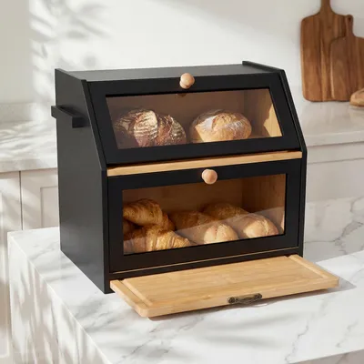 Produktbild von 2 Etagen Brotkasten Bambus,Groß Brotkästen mit Schneidebrett, Brotbox zur Brotaufbewahrung mit Tür,Brotwächter für Röstbrot und Gebäck 26x39x32.5cm