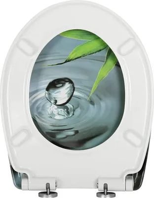 A toilet seat with a decorative image of a water droplet and bamboo leaves.