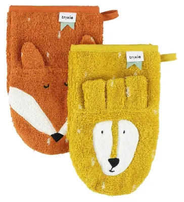 Productafbeelding van Trixie Baby washandschoenen, biologisch katoen, Mr. Lion en Mr. Fox, set van 2