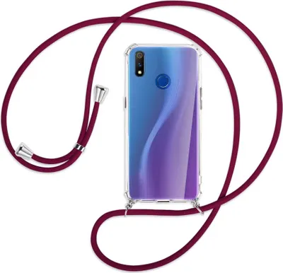 Produktbild von Handykette Backcover-Schutzhülle mit Band (Metall silberfarben) für Realme 3 Pro (X Lite) - dunkelrot