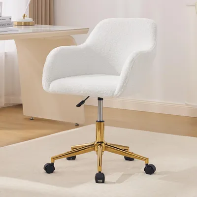 Produktbild von Moderner Bürodrehstuhl Teddy-Stoff Höhenverstellbar 360° Drehbar Goldene Beine Weiß 58 x 58 x 86 cm