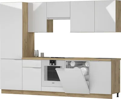 A modern kitchen unit with white cabinets and wood accents.