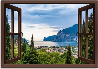 Produktbild von ARTland Leinwandbild Gardasee durchs braune Fenster Größe: 70x50 cm