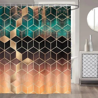 Obrázek produktu pro Velká zelená geometrická sprchová záclona, 180 x 180 cm, odolná proti plísním, voděodolná, polyesterová, pratelná, sprchová záclona do koupelny s 12 háčky