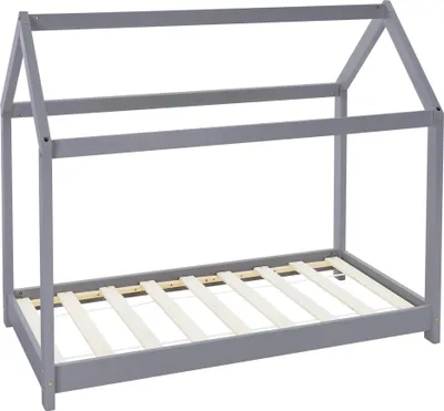 Produktbild von ML-Design dětská postel 70x140 cm se stříškou a roštem, světle šedá, domácí postel z masivního borovicového dřeva