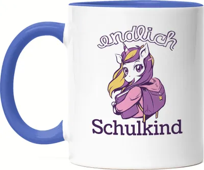 Produktbild von Einhorn Tasse Blau als Geschenk zur Einschulung Schulbeginn Schulstart für Schulanfänger Erstklässler Schule