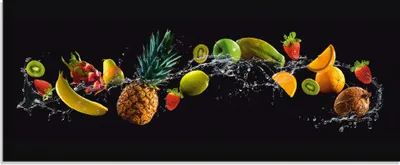 Produktbild von ARTland Glasbild Früchte auf Schwarz mit Wasser Spritzer Größe: 125x50 cm