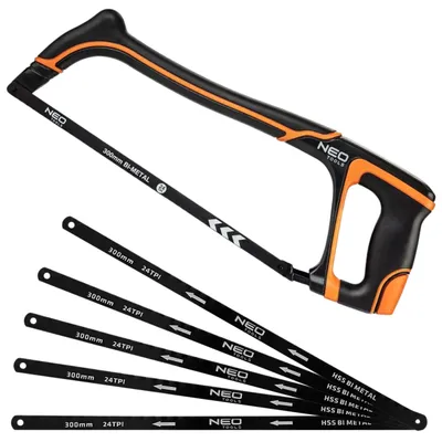 Produktbild von NEO TOOLS Metallsäge 300 mm aus Aluminium mit 10 HSS Bi Metal 24 TPI Austauschbarer Klinge - 45°/ 90° - Eisensäge für Metall & Stahl
