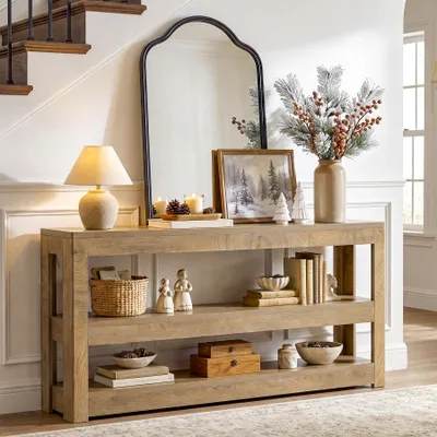 Image de Table console de 160 cm, table d'appoint à 3 niveaux, aspect bois, couleur marron, table étroite pour couloir, étagères ouvertes, idéale pour l'entrée et le salon, table d'appoint pour canapé, style rustique