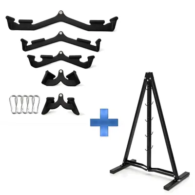 Image de PH Fitness Multi Angle Grip Set Pro + support de rangement A-Frame – Kit de 5 poignées pour câbles avec support de rangement pour tirage latéral et entraînement du dos
