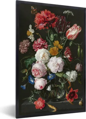 Produktbild von MuchoWow® Gerahmtes Poster Stilleben mit Blumen in einer Glasvase - Gemälde von Jan Davidsz. de Heem 60x90 cm - Poster mit Schwarzem Bilderrahmen Wandposter Rahmen Foto Bilder - Kunst