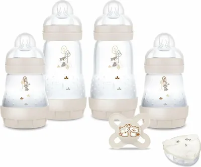 Produktbild von MAM - Mein Geburtsset (6 Produkte) Sand – 4 Easy Start Anti-Colic Flaschen + 1 Schnuller zur Geburt + 1 Dosierdose gratis – ideales Geschenk zur Geburt mit Babyflaschen und ultraweichem Sauger