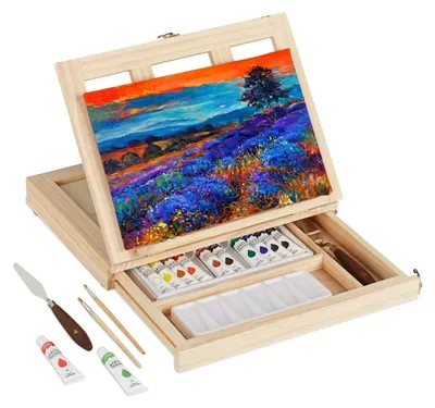 Image de Chevalet de table Relaxdays en bois, 19 pièces, avec toile, pinceaux, peintures acryliques et spatules, réglable, couleur naturelle, Image générée par une IA
