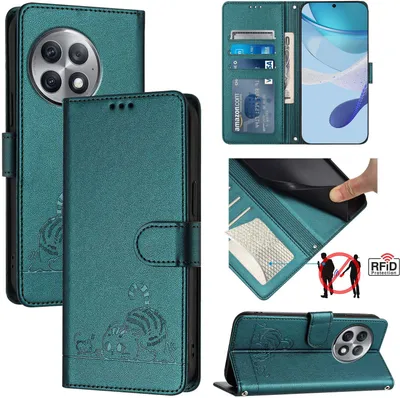 Produktbild von Leder Hülle für OnePlus Ace 2 Pro Süße Katze Flip Case Brieftasche Schutzhülle mit Standfunktion Grün