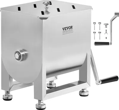A stainless steel meat grinder with accessories on a white background.