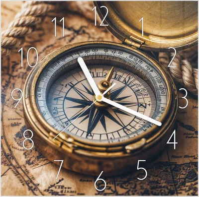 Produktbild von Wanduhr aus Glas mit Motiv Kompass auf Karte- 30 x 30 cm - inkl. Aufhängesystem