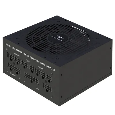 A black computer power supply unit (PSU) is shown from a slightly elevated side angle against a white background.